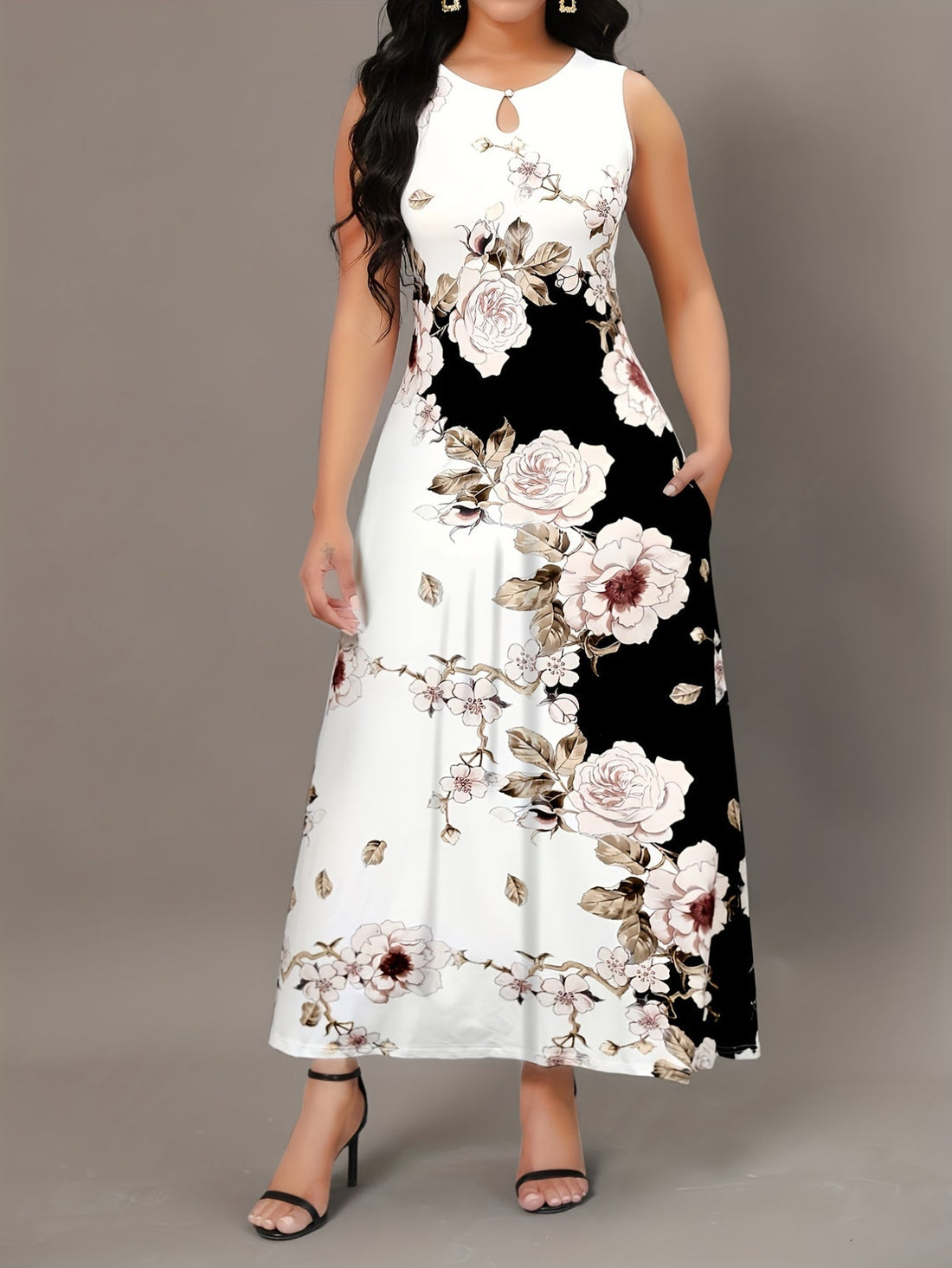 Casual Tank Dress, Colorblock Floral Print Cut Out Round Neck Medium Stretch Maxi Tank Dress