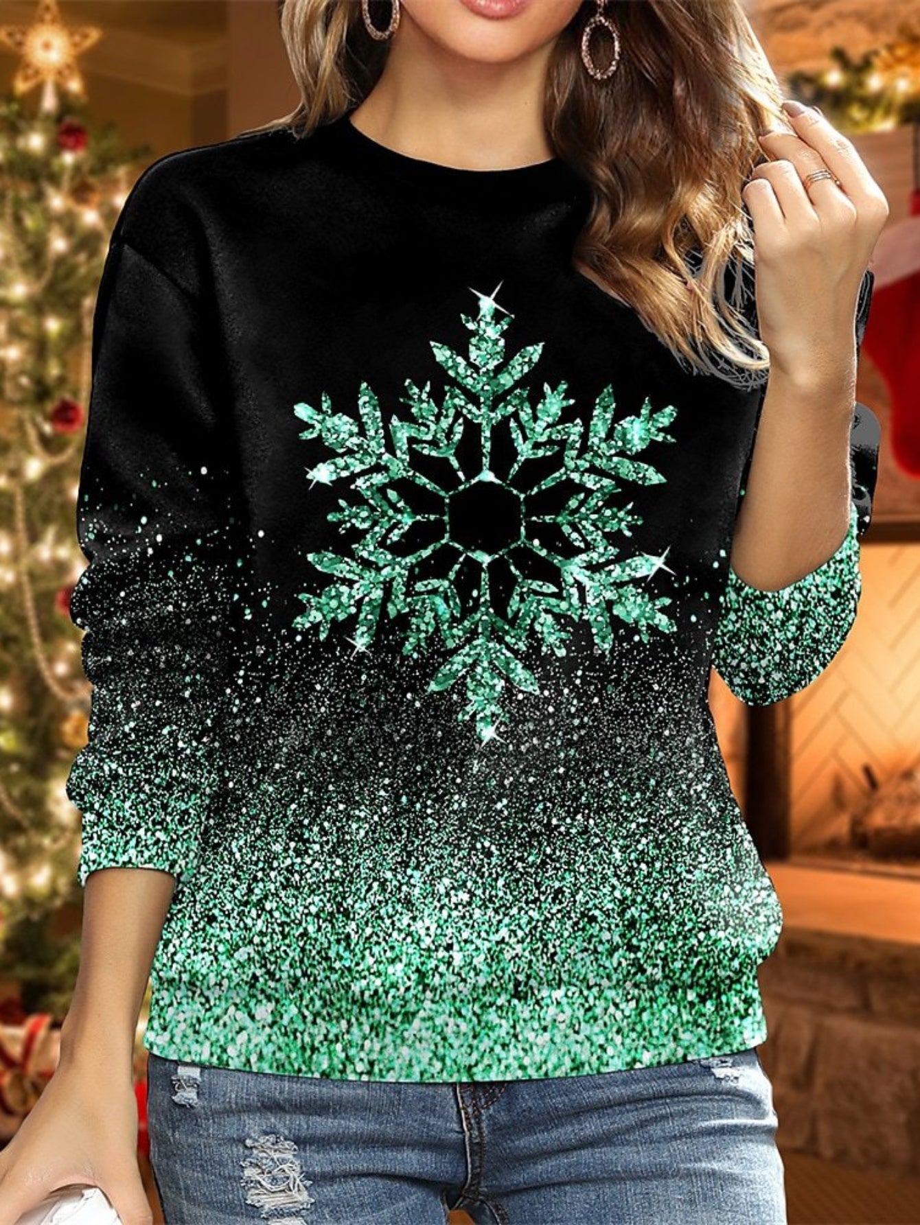 Women's Glitter Snowflake Print Long Sleeve Round Neck Slight Stretch Top