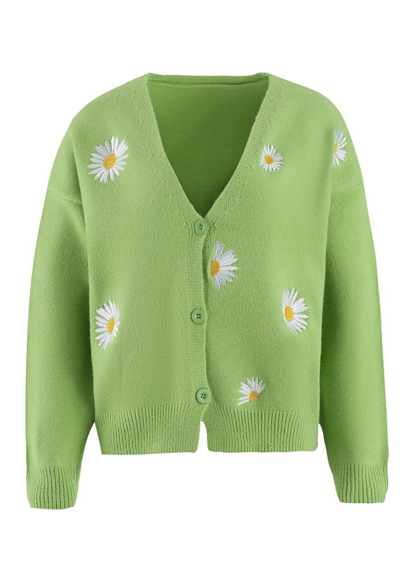 Daisy Pattern Embroidered Knitted Cardigan, Button Front Elegant Long Sleeve Sweater