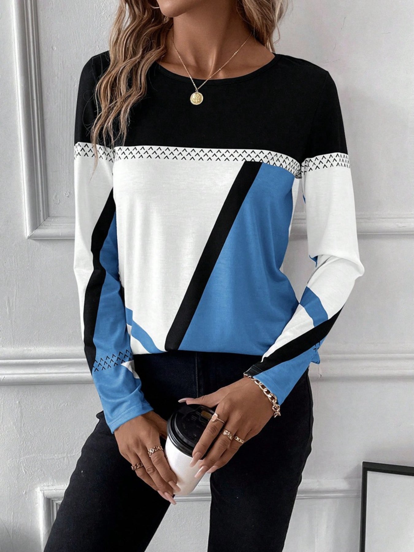 Color Block Crew Neck T-shirt, Casual Long Sleeve Top
