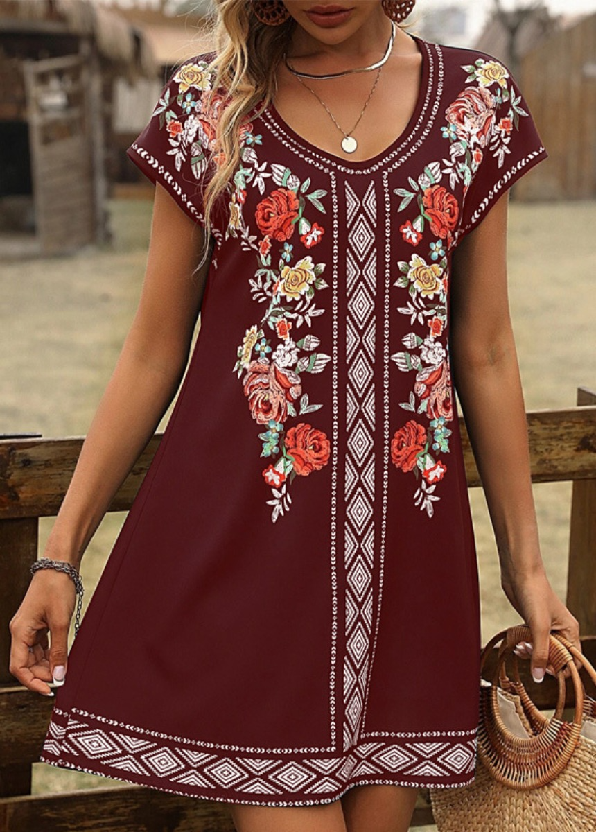 Short Sleeve Print Flora Retro Loose O Neck Mini Dress