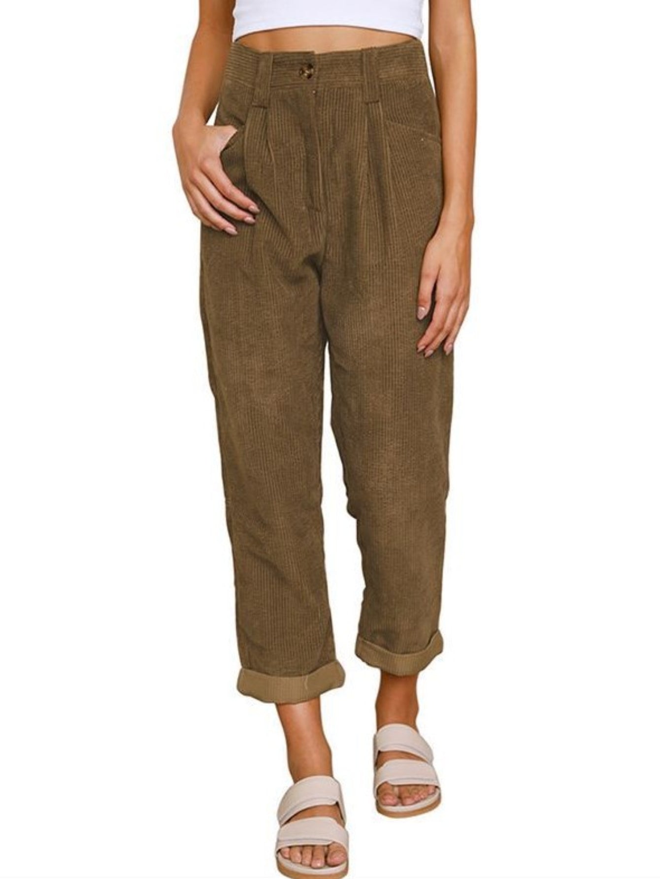 Women's High-Waist Corduroy Pants - Casual Solid Color, Loose Fit Straight Leg with Pockets