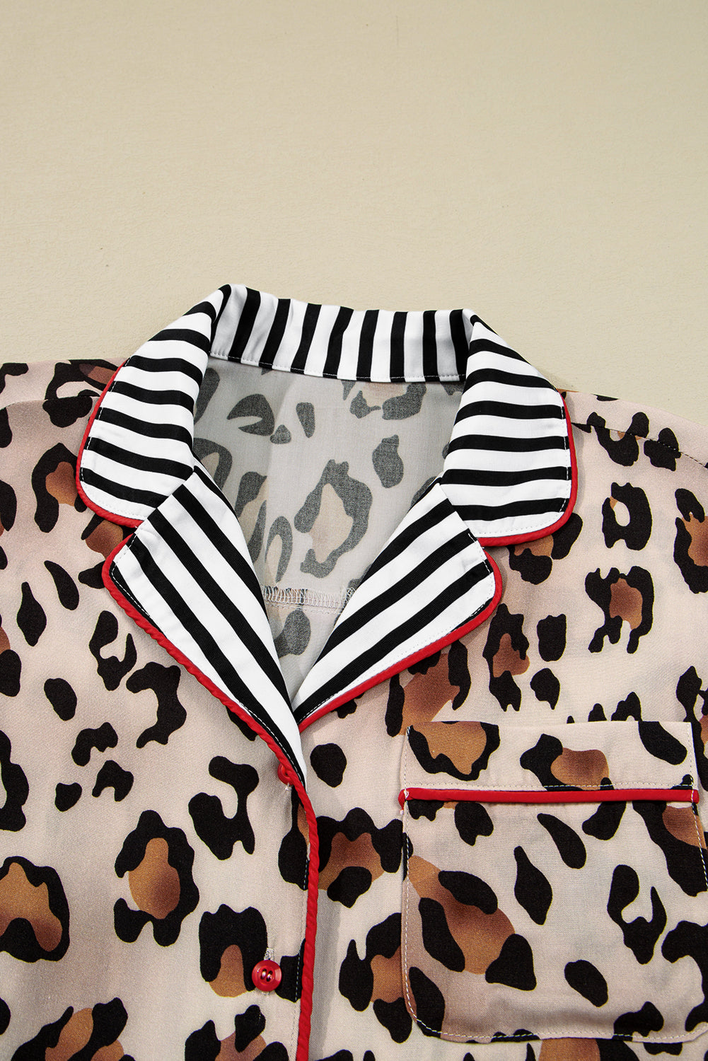 Dear Lover Khaki Leopard Print Colorblock Striped Edge Shirt and Pants Pajama Set