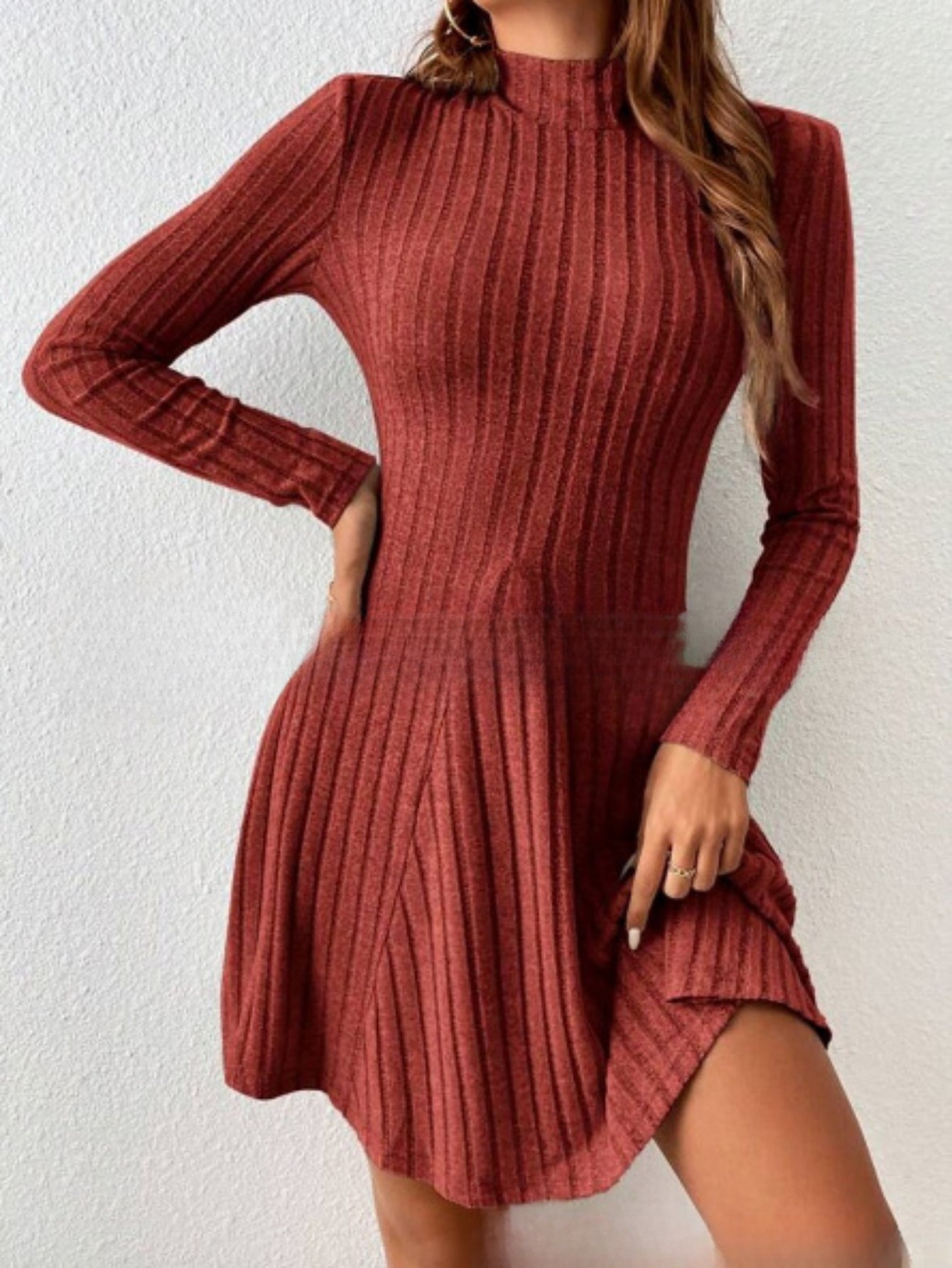 Ribbed Knit Long Sleeve Dress, Casual Crew Neck Knit A-line Dress