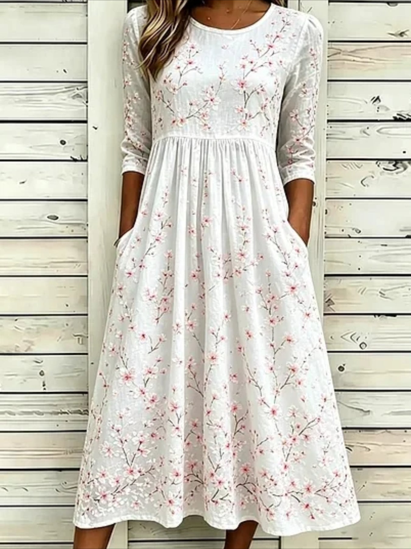 Flower Casual Round Neck Half Sleeve Mid Dress