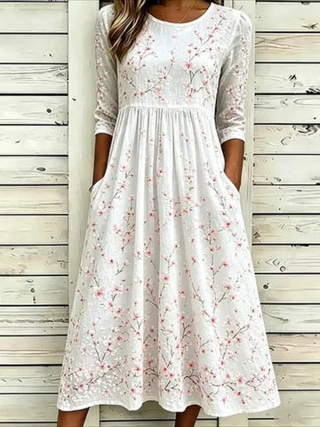 Flower Casual Round Neck Half Sleeve Mid Dress