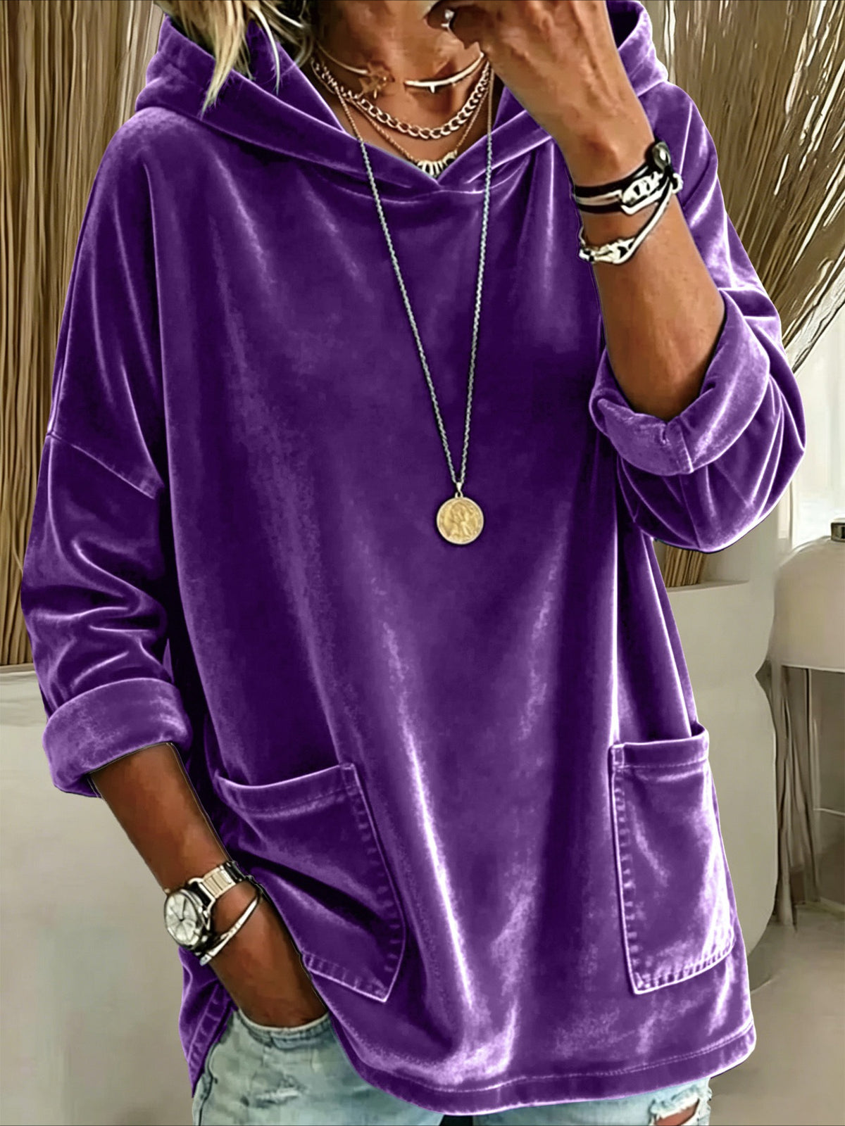 Relaxed Fit Long Sleeve Velvet Hoodie with Pockets
