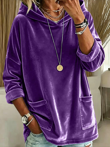 Relaxed Fit Long Sleeve Velvet Hoodie with Pockets