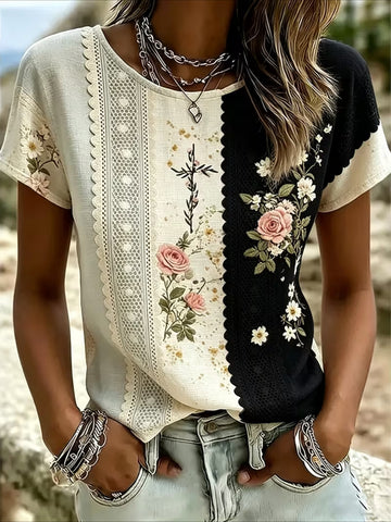 Floral Print Short Sleeve Crew Neck Top with Patchwork Blouse Style