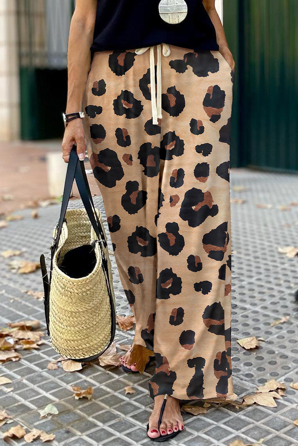 Leopard Drawstring Wide Leg Casual Pants