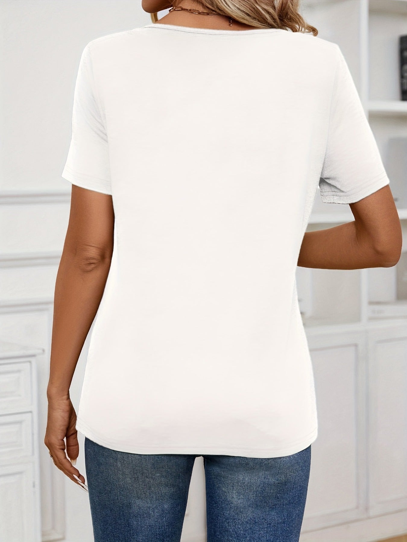 Button Decor Solid T-Shirt, Casual Crew Neck Short Sleeve Top