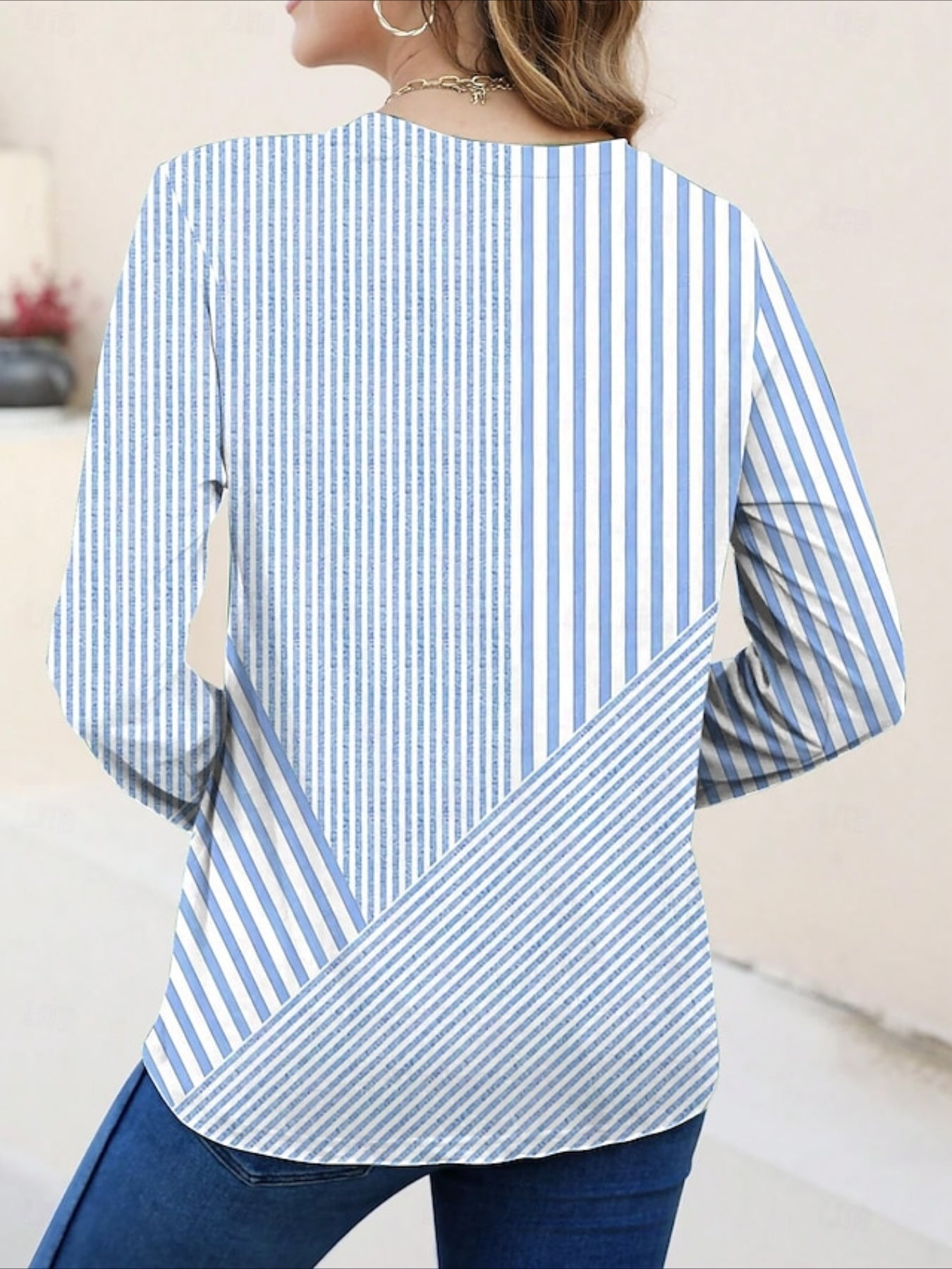 Graphic Geometric Striped Elegant Vintage Fashion Long Sleeve Crew Neck Regular Tops