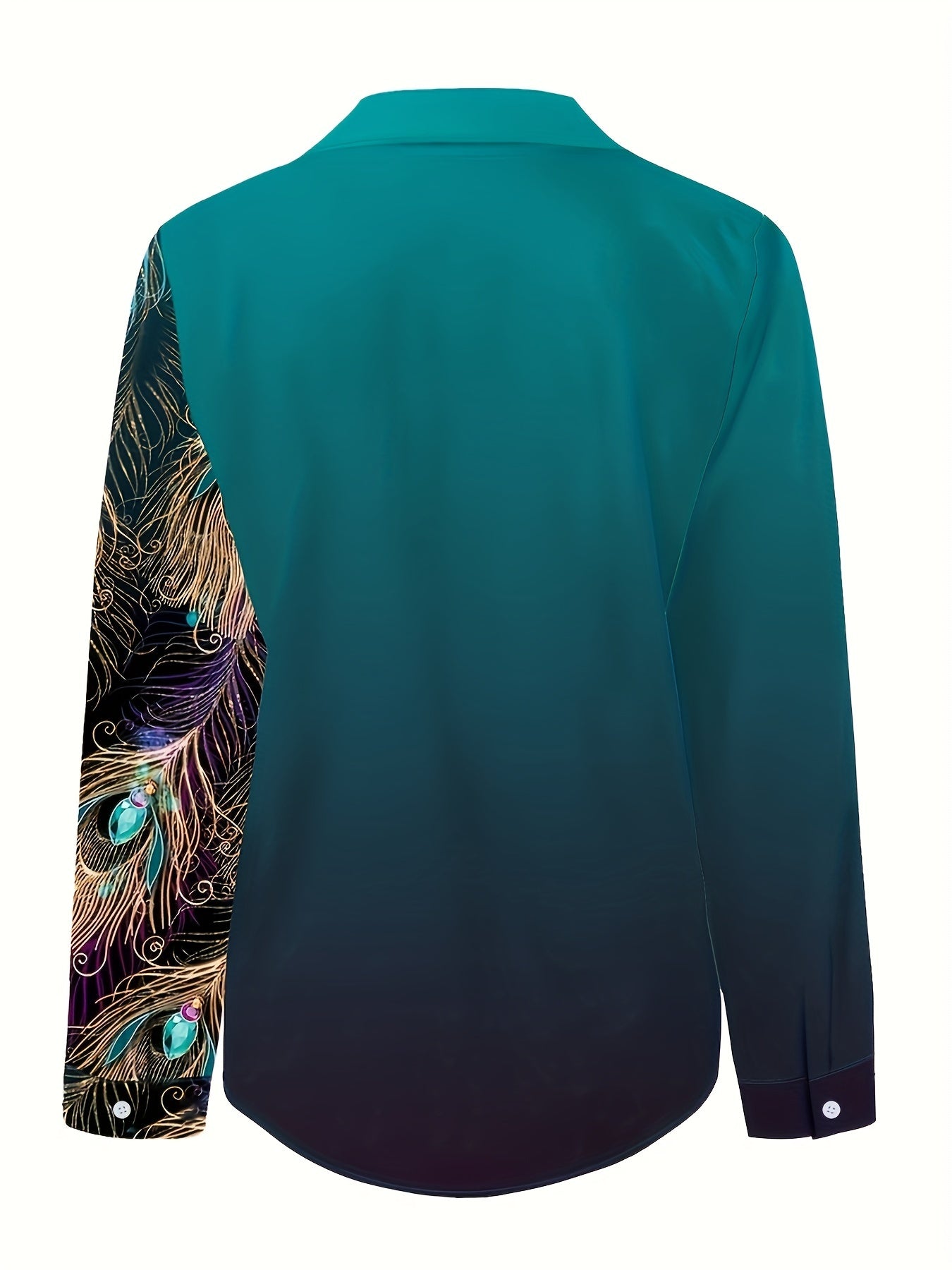 Peacock Feather Print Shirt, Long Sleeve Button Up Casual Top