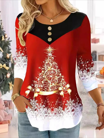 Crew Neck Long Sleeve Christmas Regular Micro-Elasticity Loose T-shirt