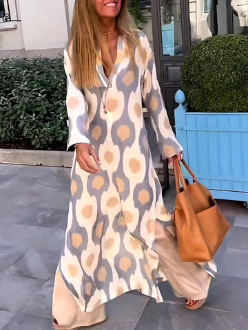 Graphic Print Split Dress, Vintage V Neck Long Sleeve Maxi Dress
