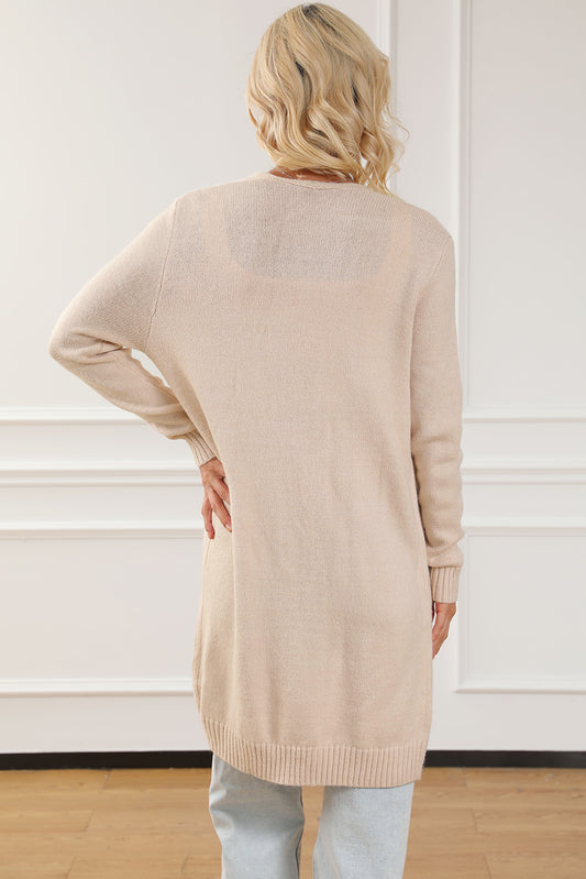 Apricot Ribbed Trim Pockets Open Front Midi Cardigan
