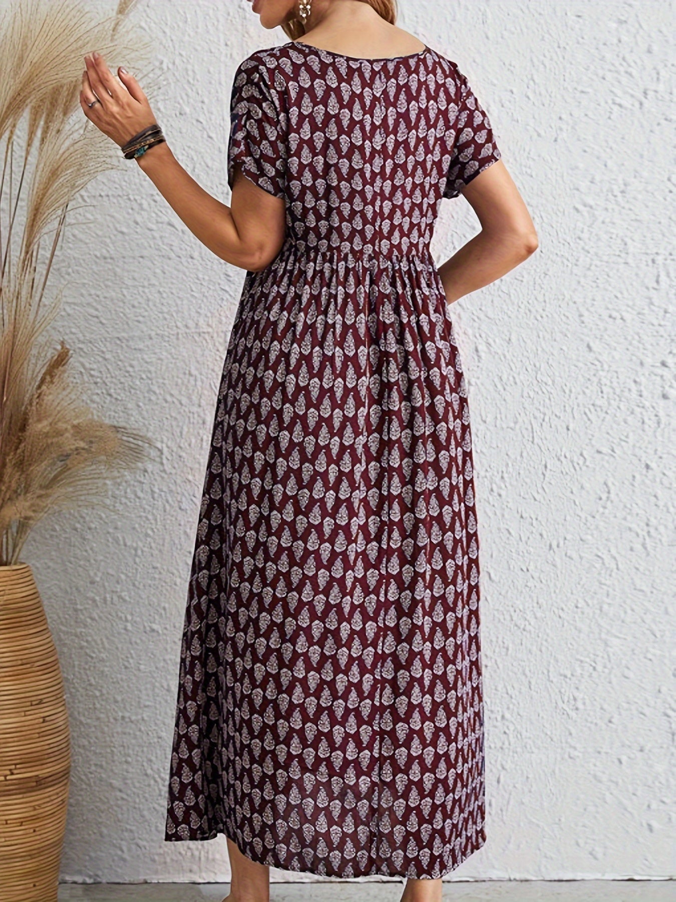 All Over Print Dress, Casual V Neck Short Sleeve Dress