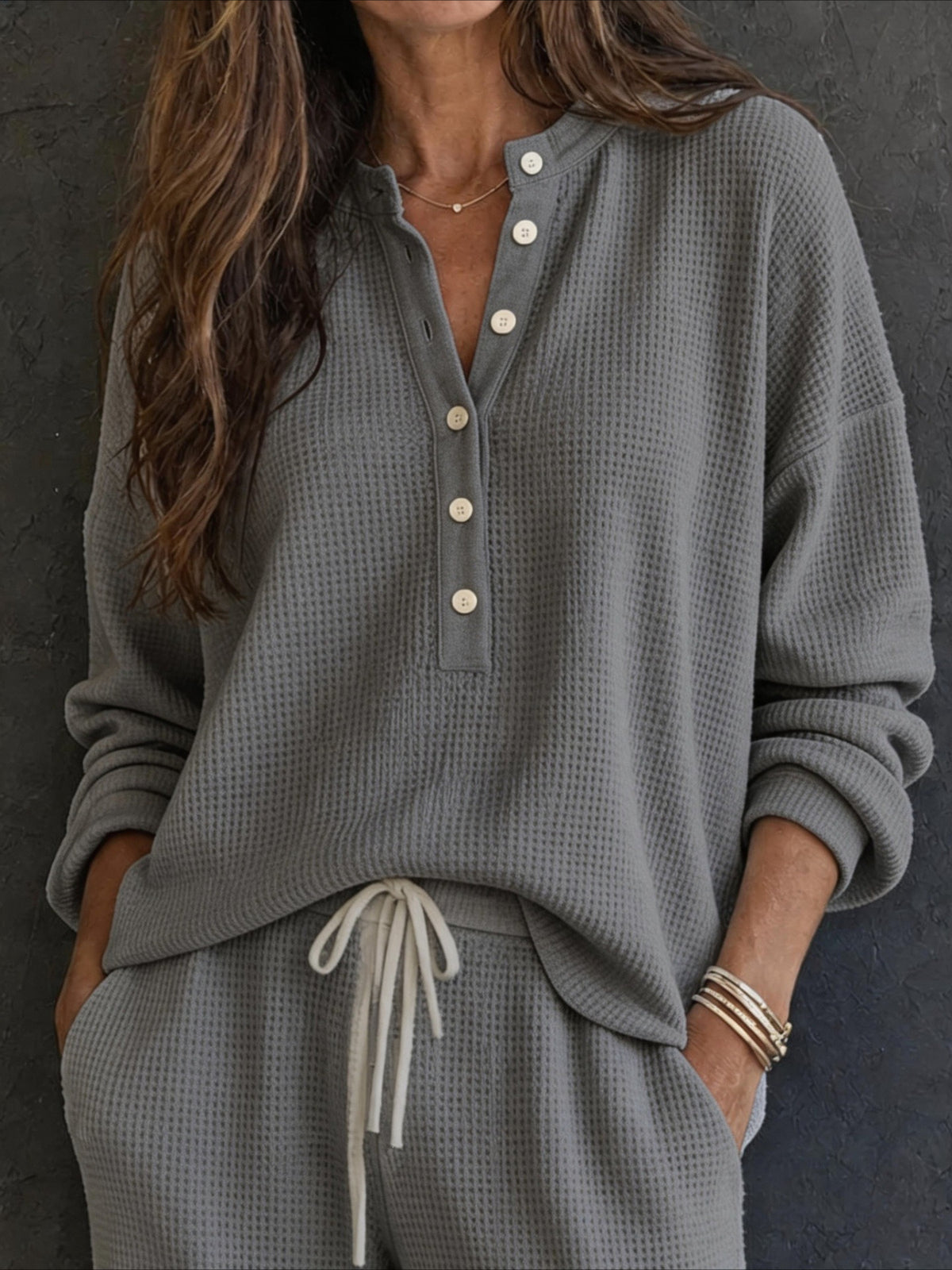 Waffle Knit Button Detail Top and Pants Set