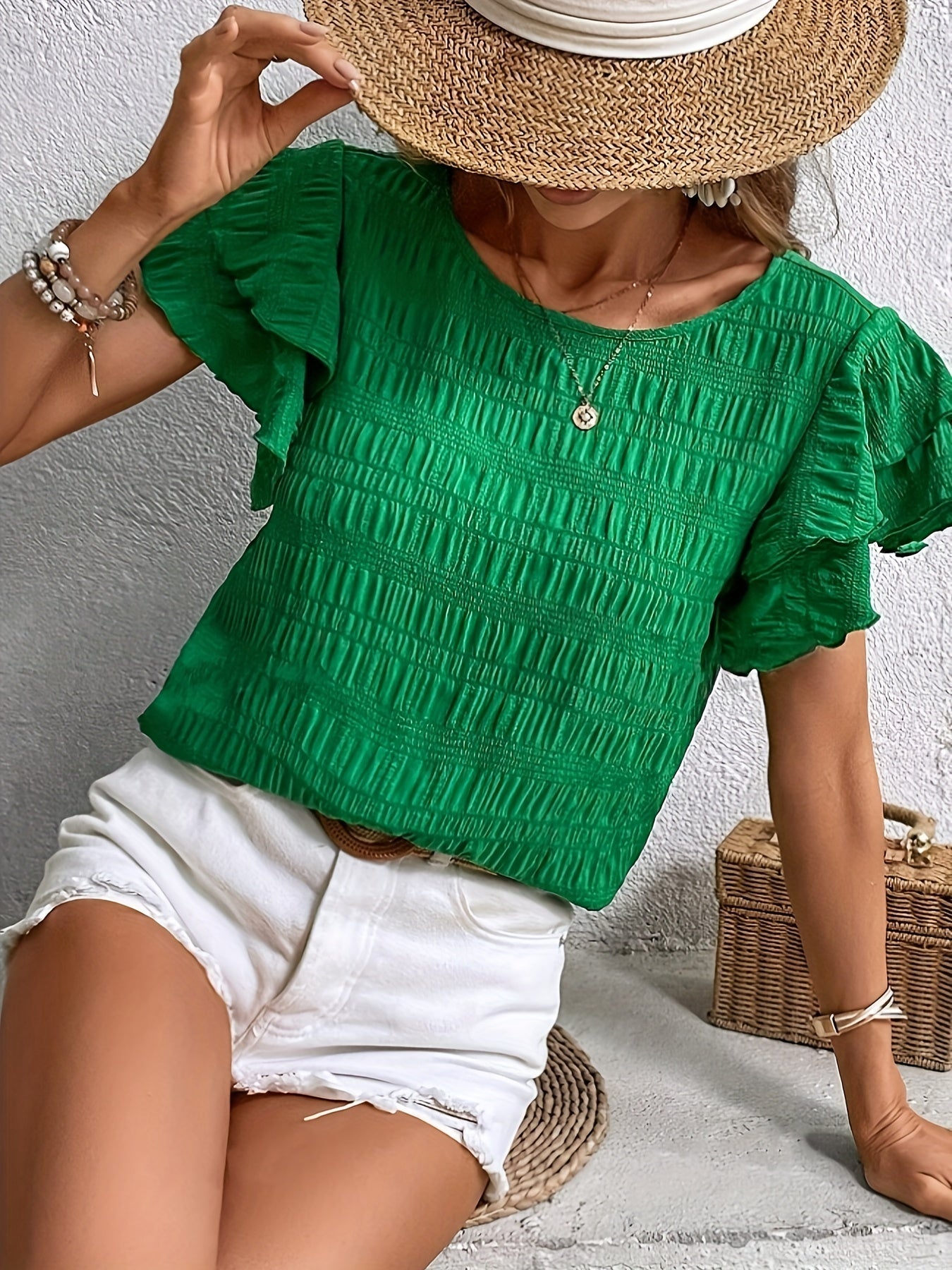 Textured Butterfly Sleeve Blouse, Elegant Solid Color Crew Neck Top