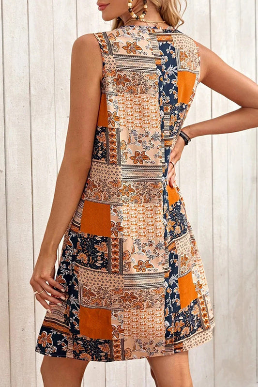 Orange Retro Floral Patchwork Print Sleeveless Mini Dress