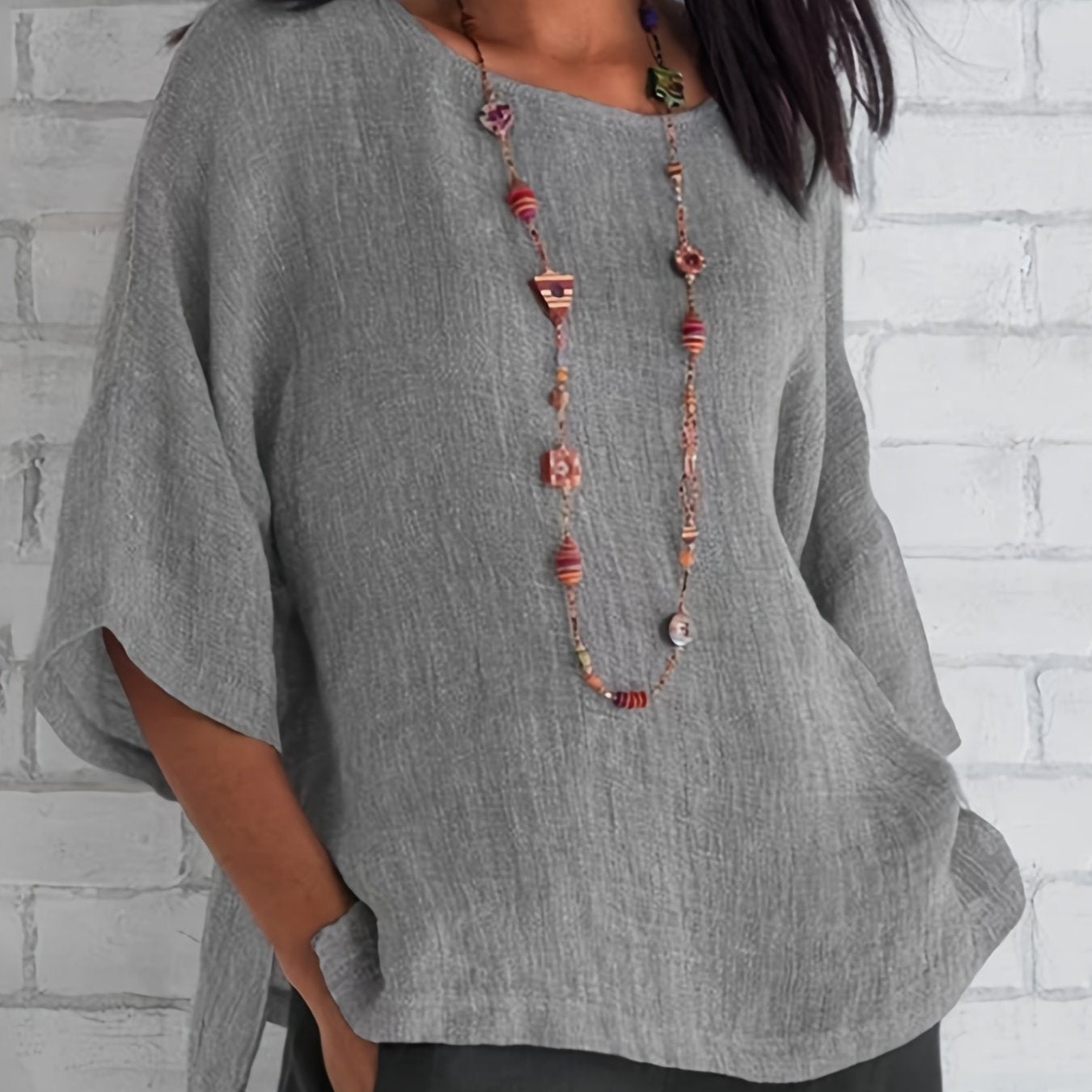 Crew Neck Loose Blouses, Casual Solid Color 3/4 Sleeve Summer Shirts Tops