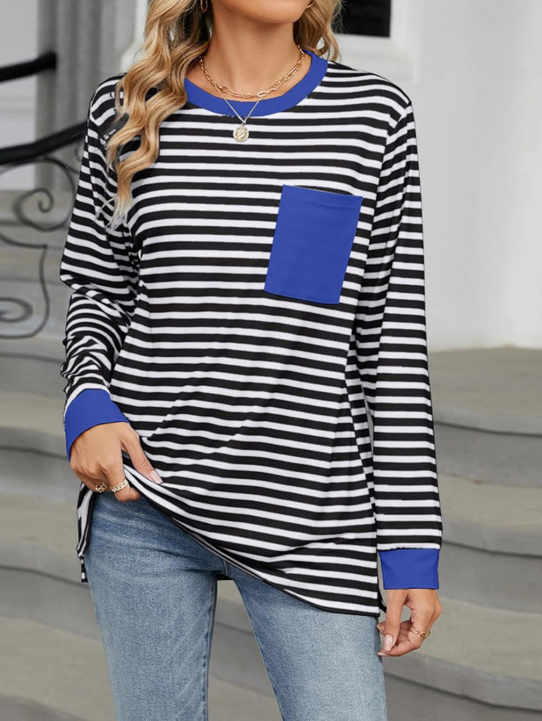 Women's Striped Long Sleeve Shirts Color Block Loose Pullover Tops Crew Neck Casual Blouse Sweatshirts Fall Outfits