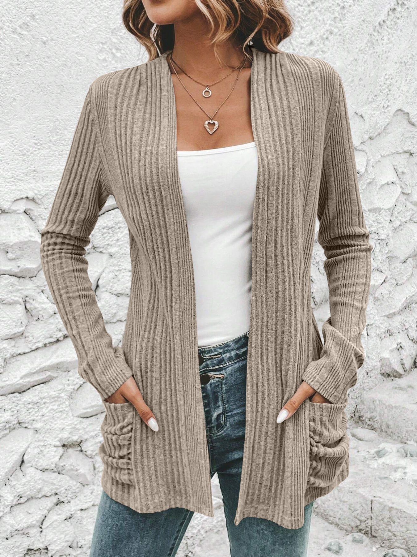 Solid Open Front Rib Knit Cardigan, Casual Long Sleeve Slim Cardigan With Pocket