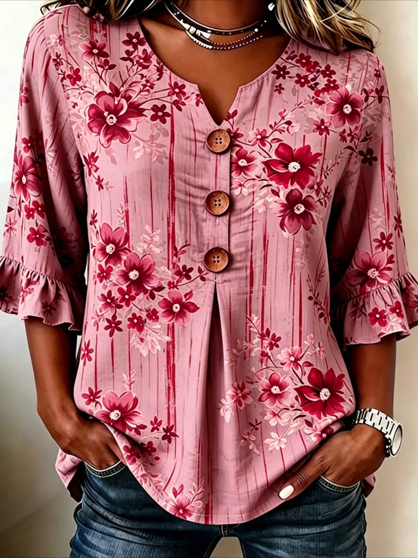 Flower Print V Neck Button Short Ruffle Sleeve Casual Top
