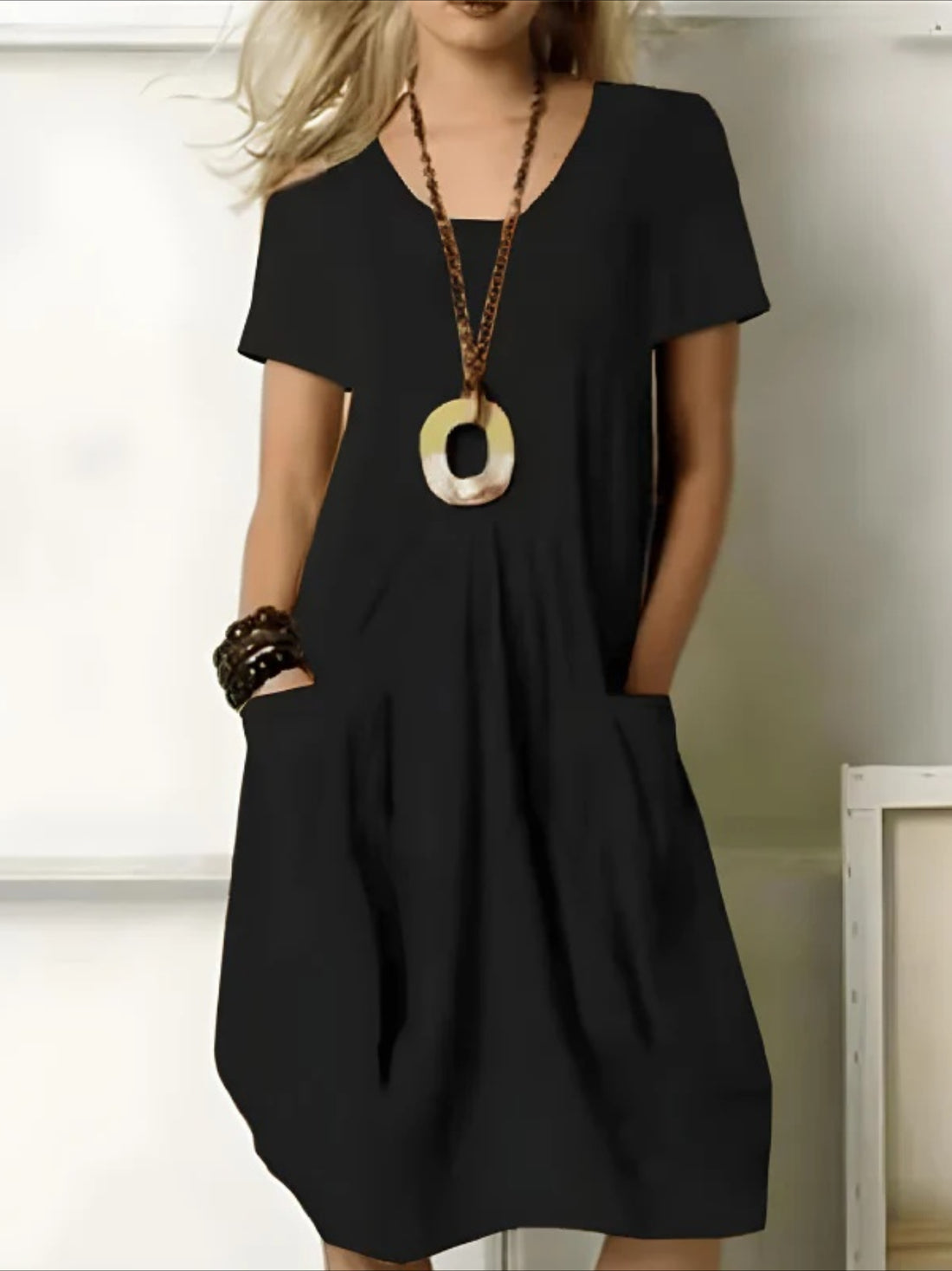 Casual Cotton and Linen Pocket Solid Color Midi Dress