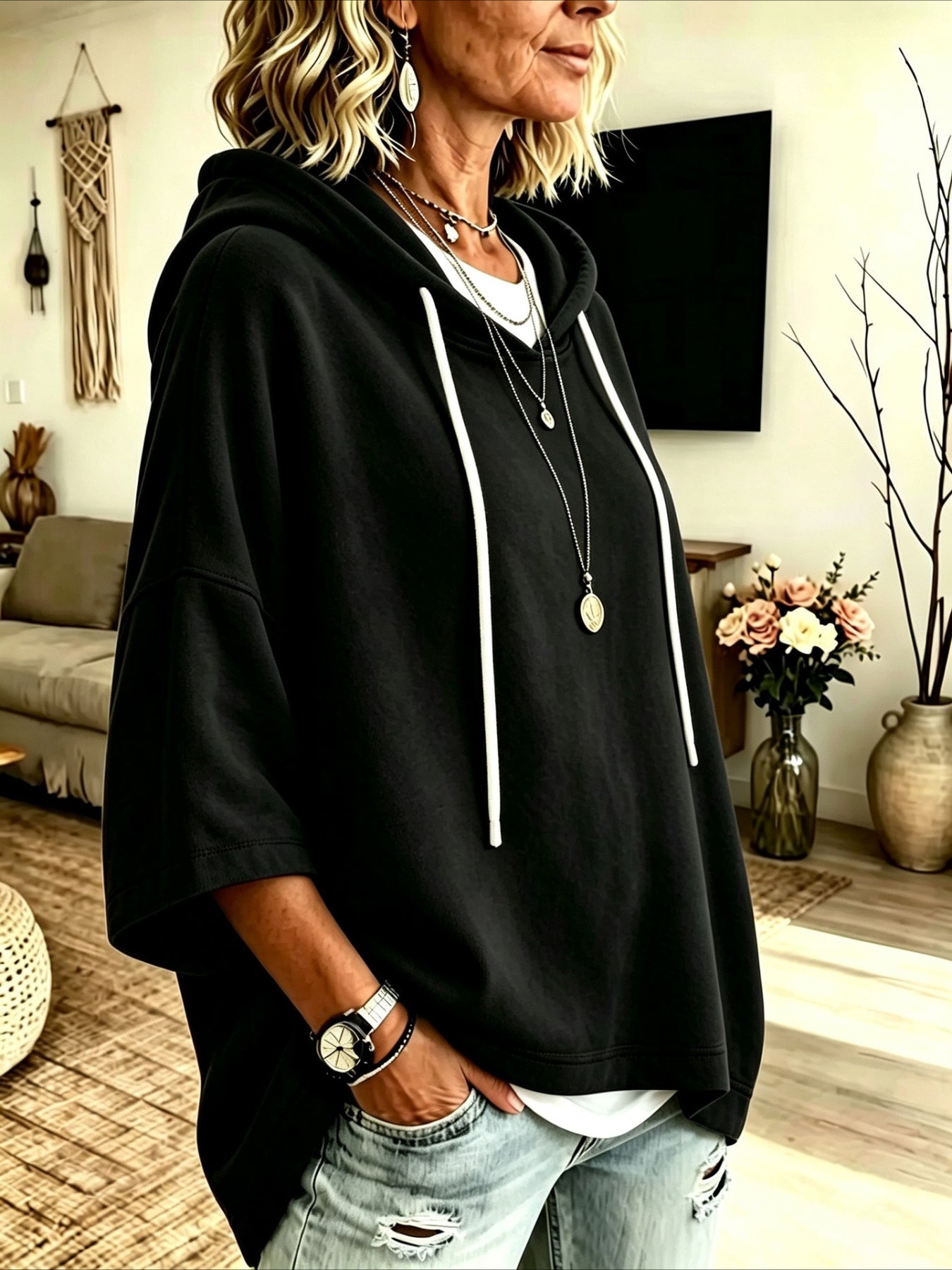 Seven-quarter Sleeves Solid Color Casual Hooded Sweatshirt