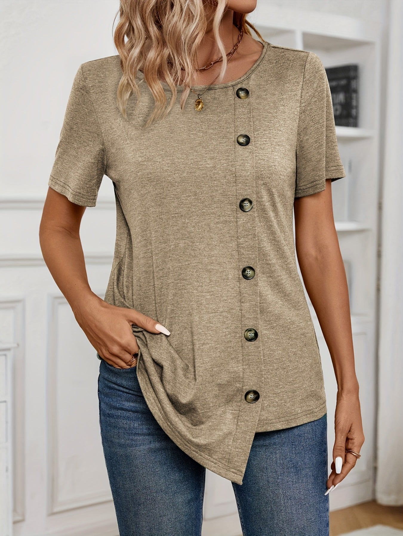 Button Decor Solid T-Shirt, Casual Crew Neck Short Sleeve Top