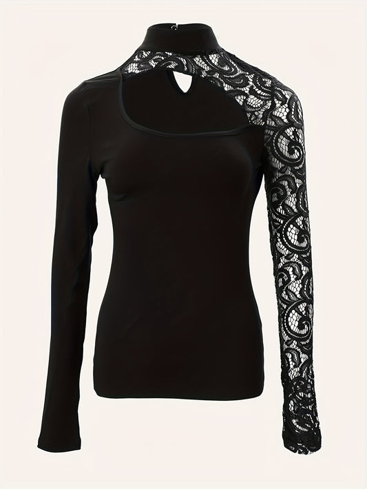 Cutout Lace Stitching T-Shirt, Casual Mock Neck Long Sleeve Top