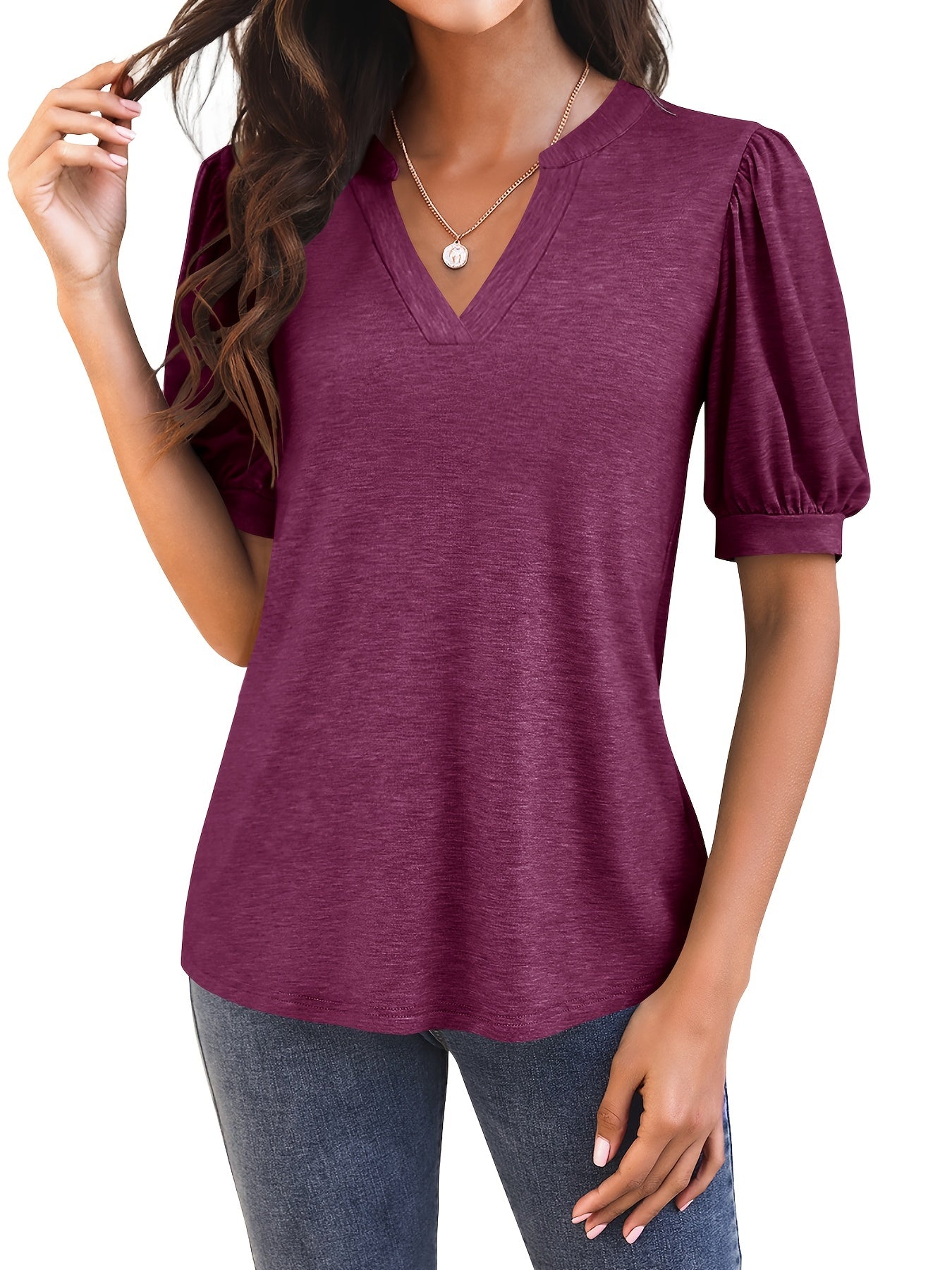 Solid Puff Sleeve T-Shirt, V Neck Short Sleeve T-Shirt, Casual Every Day Tops