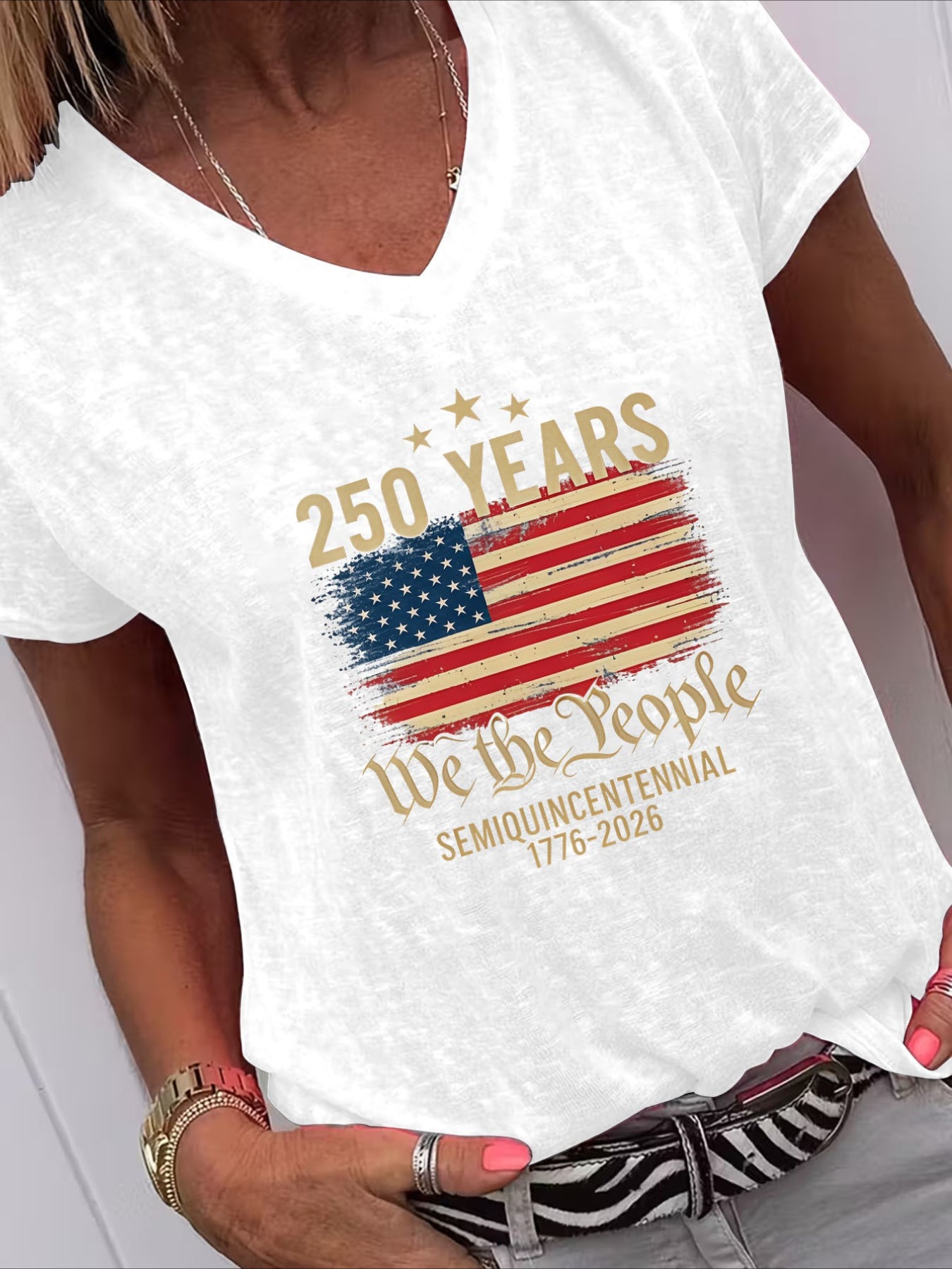 Casual American Flag Print V Neck Short Sleeve T-Shirt