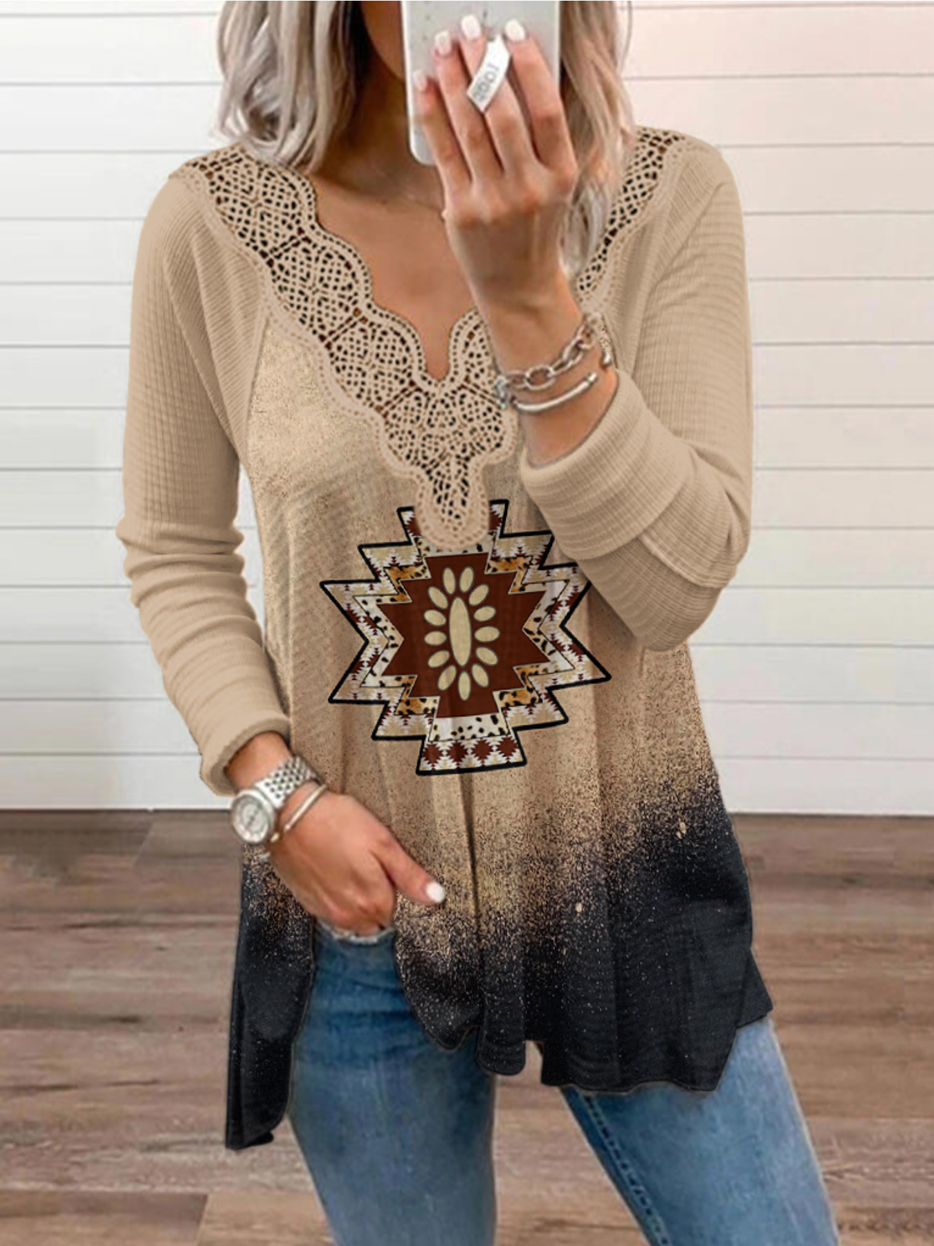 Lace Trim Flared T-shirt, Tribal Print Long Sleeve V Neck Loose T-shirt
