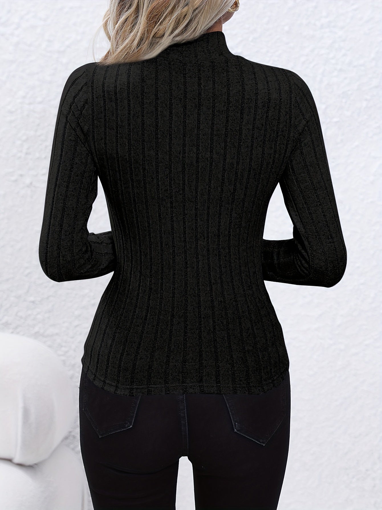 Solid Ribbed Mock Neck Pullover Sweater, Elegant Long Sleeve Sweater