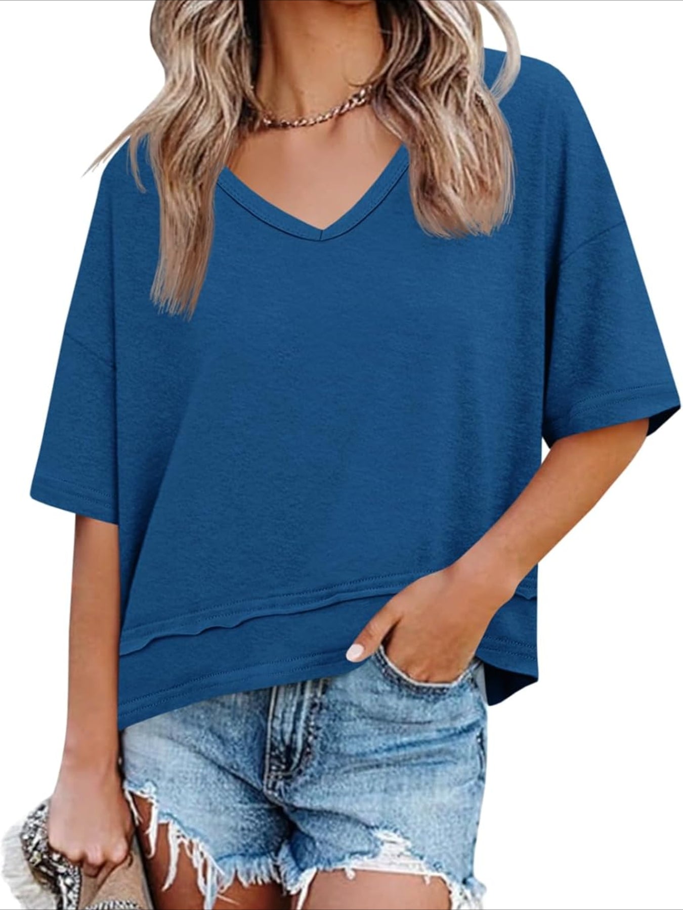 V Neck Casual Short Sleeve Flowy Cute Loose Fit Basic Tees