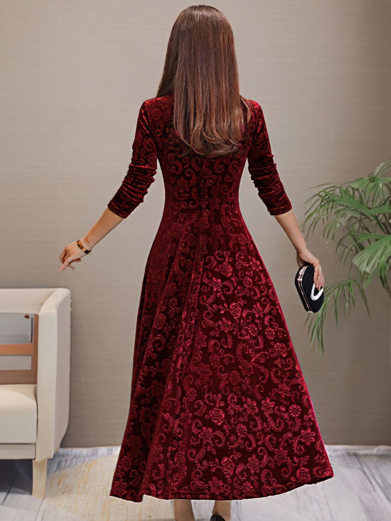 Solid Color Long Sleeve Dress, Elegant V Neck Flared Dress