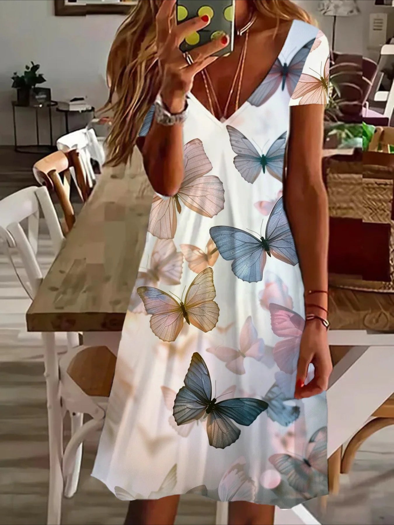 Loose V-neck Printed Short Sleeve Dress