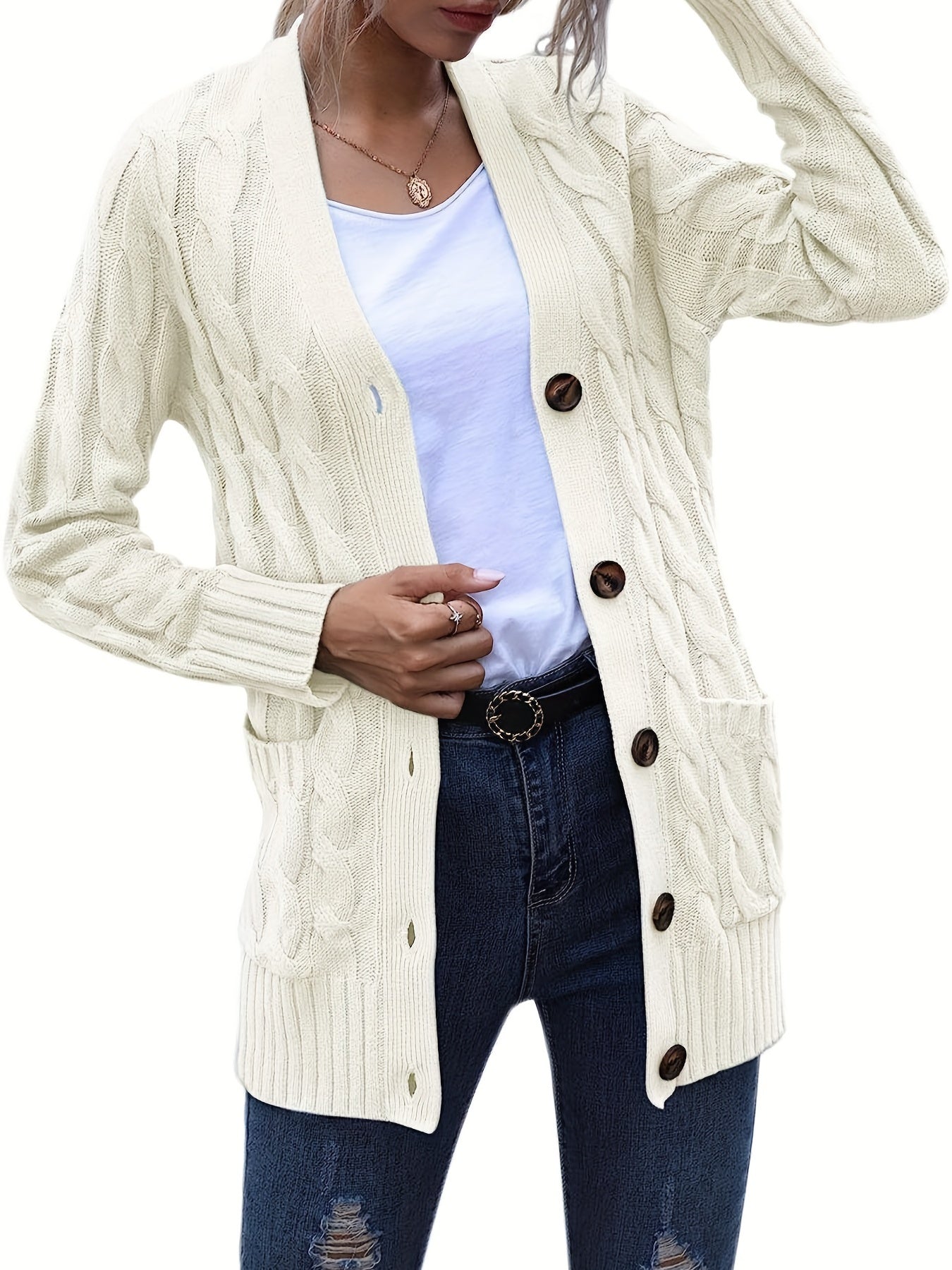 Cable Knit Button Front Cardigan, Casual Solid Long Sleeve Cardigan