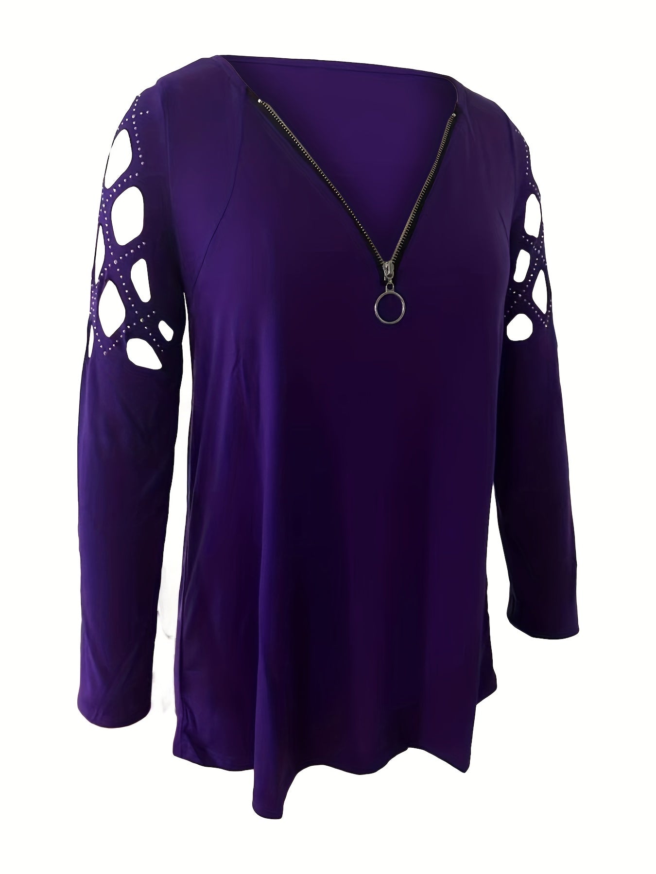 Cutout Zipper Front T-Shirt, Casual V Neck Long Sleeve T-Shirt