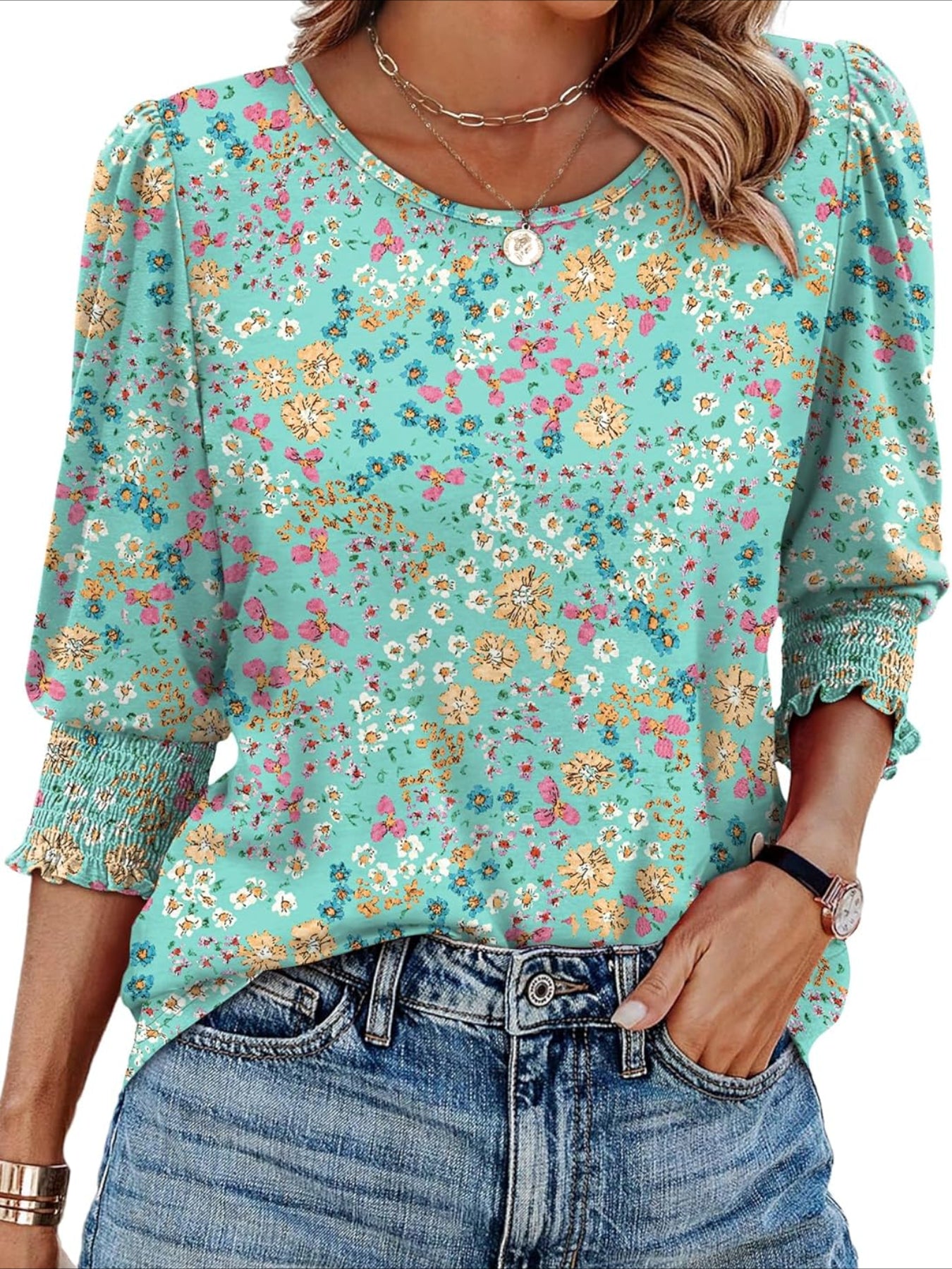 Casual 3/4 Length Sleeve Blouses with Smocked Cuffs