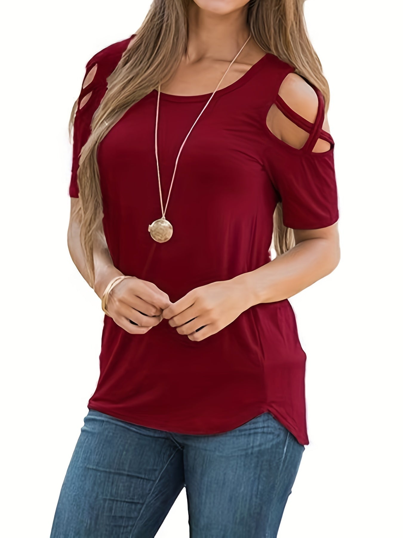 Solid Cold Shoulder T-shirt, Casual Crew Neck Short Sleeve T-shirt