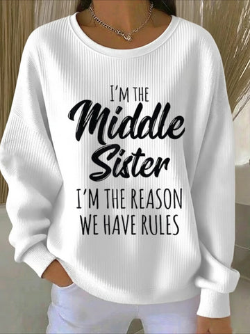 Middle Sister Text Printing Crew Neck Floral Long Sleeve Sweater Hoodie