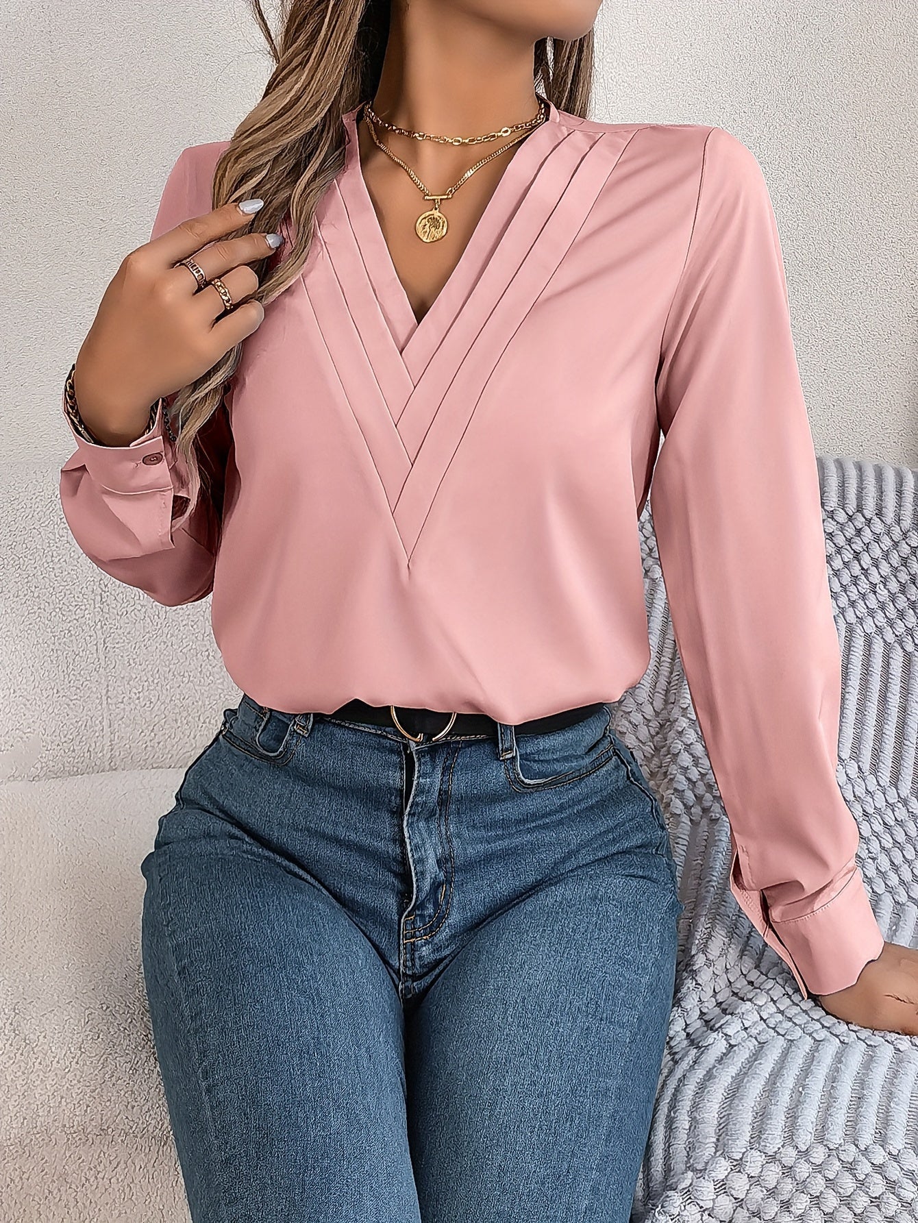 Solid Color V Neck Blouse, Elegant Long Sleeve Blouse