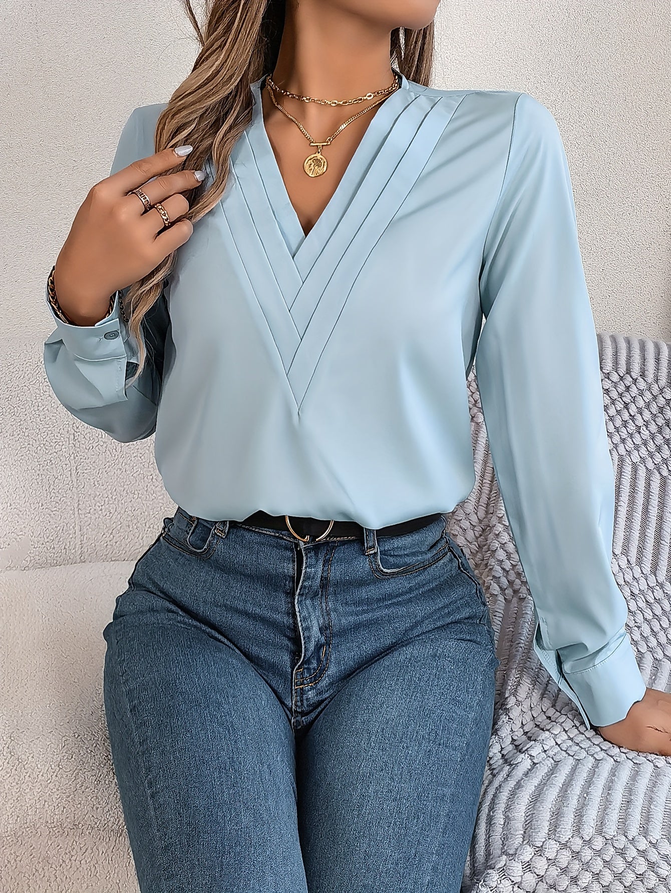 Solid Color V Neck Blouse, Elegant Long Sleeve Blouse