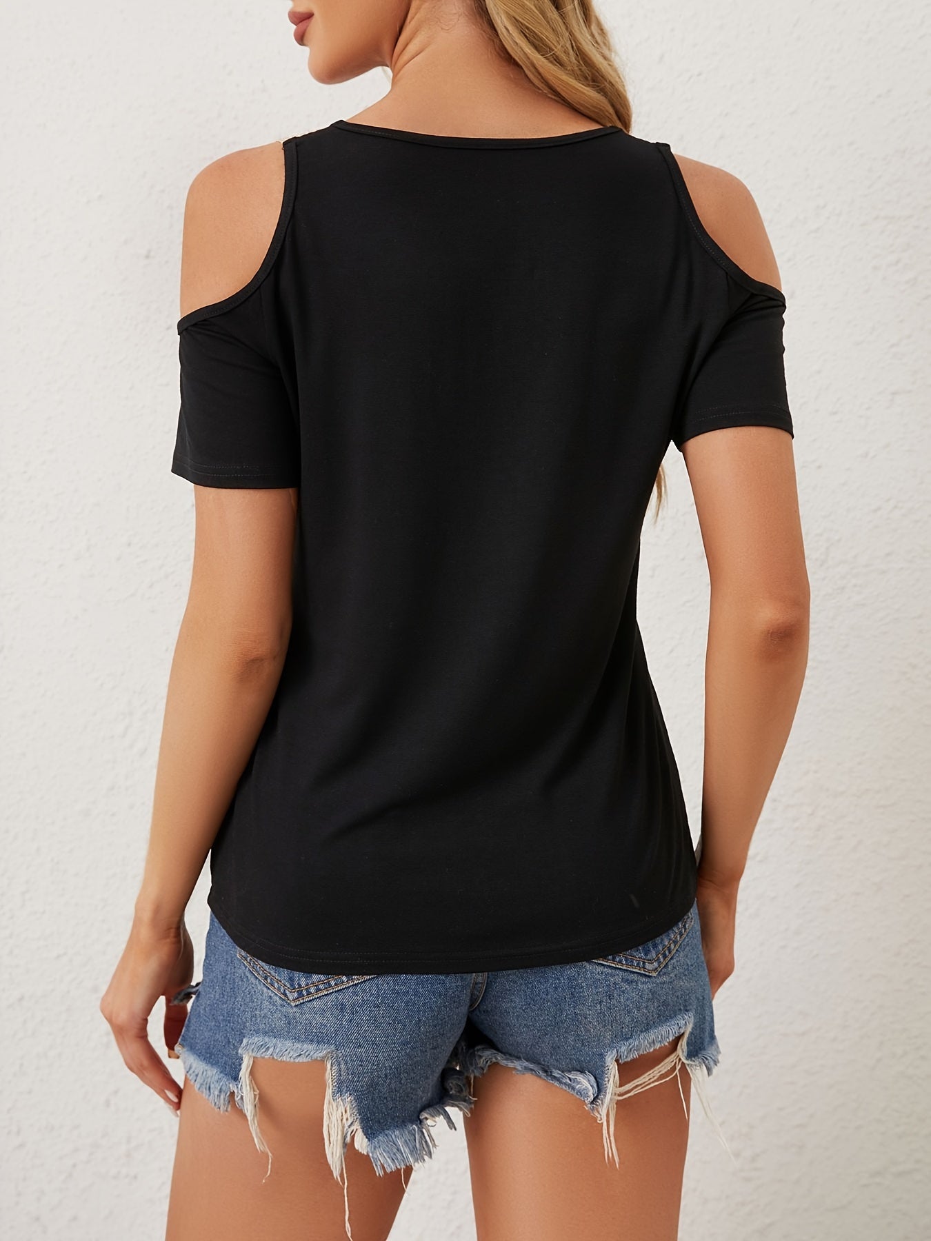 Cold Shoulder V Neck T-Shirt, Casual Short Sleeve Lace Trim T-Shirt