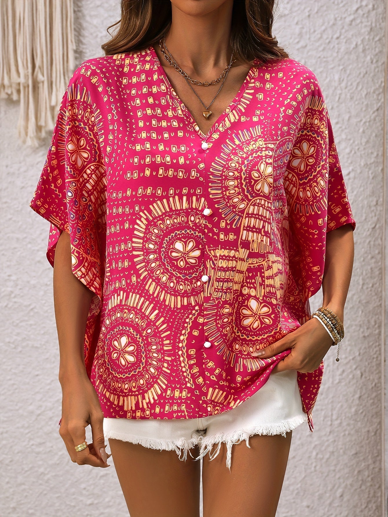 Mandala Print V-neck Blouse, Vacation Style Batwing Sleeve Top
