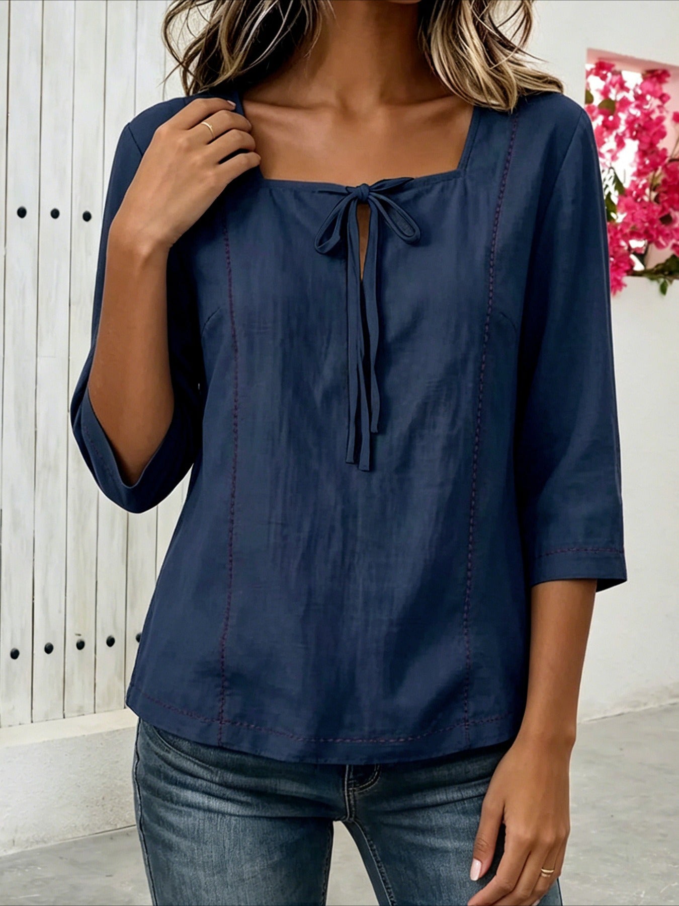 Loose Casual Popular Printed Lace-up Square Neck Mid-Sleeve Shirt