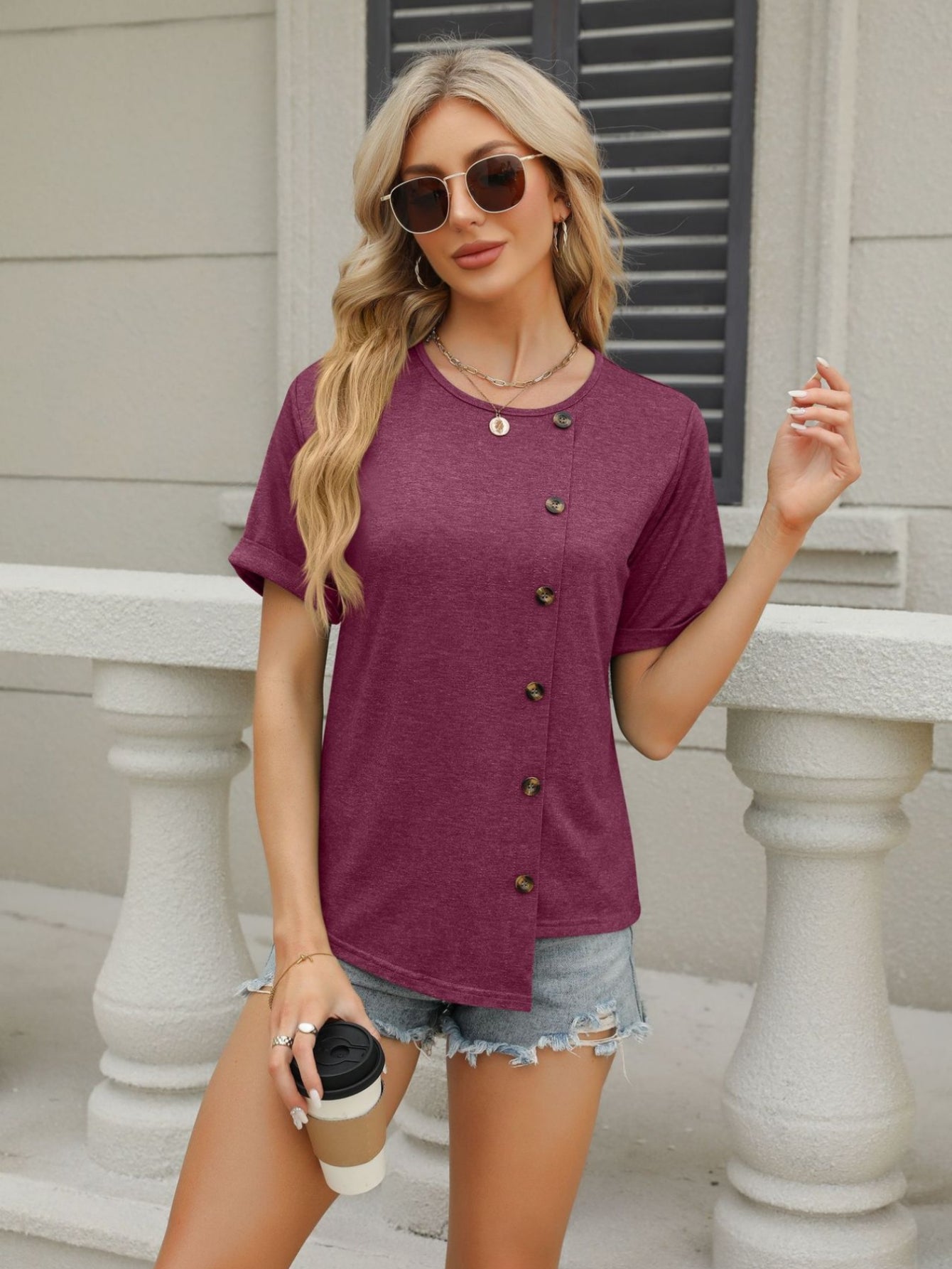 Button Decor Solid T-Shirt, Casual Crew Neck Short Sleeve Top